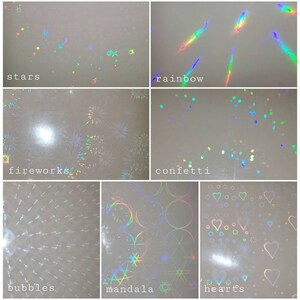 May include: A collage of six images showing different holographic patterns. The patterns include stars, a rainbow, fireworks, confetti, bubbles, a mandala, and hearts.