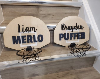 Wood basketball hoop door name sign, door hanger, mini basketball hoop sign