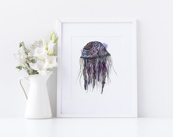 Jellyfish Watercolor Painting Art Print, Jelly fish Illustration, sea creatures, jelly fish print, seaworld art, sea life, boho home decor
