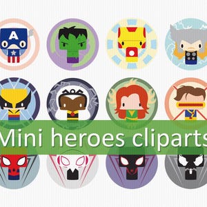 Op de afbeelding: Een set van 12 kleurrijke cartoon superhelden clip art afbeeldingen. Elke afbeelding toont een andere superheld in een cirkel met een witte achtergrond. De superhelden zijn Captain America, Hulk, Iron Man, Thor, Wolverine, Storm, Jean Grey, Cyclops, Spider-Man, Ghost Spider, Venom en Carnage. De tekst "Mini heroes clip arts" wordt onder de afbeeldingen weergegeven.
