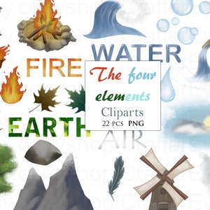 Puede incluir: Conjunto de clipart de los cuatro elementos: fuego, agua, tierra y aire. El conjunto incluye imágenes de una fogata, una ola, una cordillera, un árbol, una roca, una pluma, un molino de viento, una nube, un sol, una gota de agua, una jarra vertiendo agua, burbujas, una antorcha y una linterna.