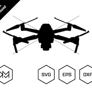 May include: Black silhouette of a drone with four propellers. The drone is facing the viewer. The image is a digital download available in SVG, EPS, and DXF formats.