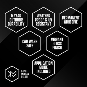 May include: Black graphic with white text in hexagonal shapes. Text includes "6 Year Outdoor Durability", "Weather Proof & UV Resistant", "Permanent Adhesive", "Car Wash Safe", "Vibrant Gloss Finish", and "Application Guide Included".
