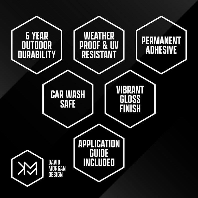 May include: Black graphic with white text in hexagonal shapes. Text includes "6 Year Outdoor Durability", "Weather Proof & UV Resistant", "Permanent Adhesive", "Car Wash Safe", "Vibrant Gloss Finish", and "Application Guide Included".