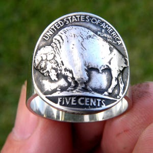Signet ring sterling silver authentic Buffalo Indian Nickel coin Bison or  Indian showing side rustic fans available sizes 5 6 7 8 9 10  12