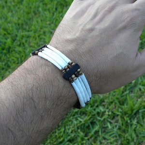 Dentalium Shell Cuff Bracelet: Bison Leather, Bone, Shaman Style