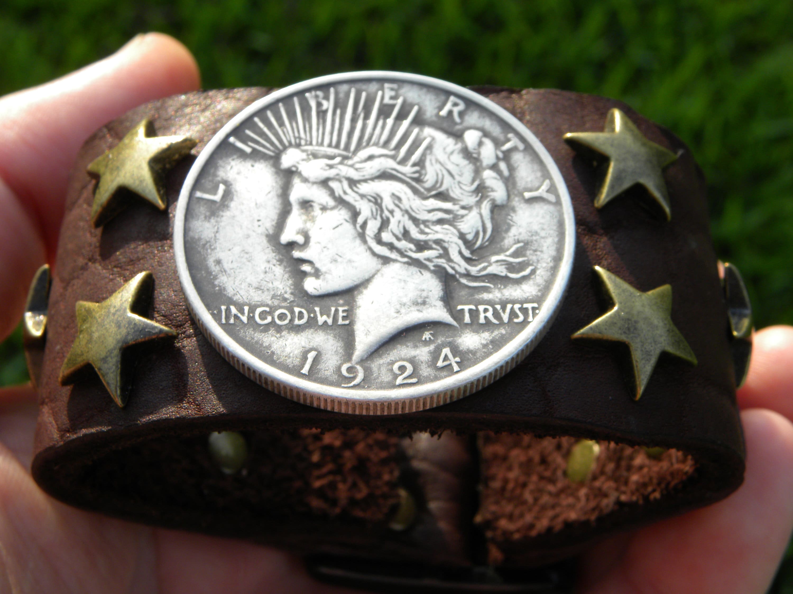 Handmade Buffalo Leather Bracelet: Vintage US Peace Silver Dollar Coin