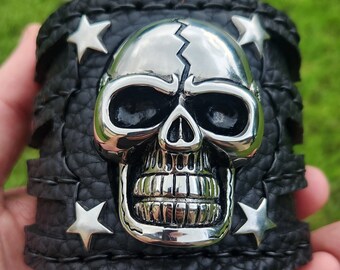 Buffalo Bison Leather Cuff:  Biker Bracelet, 3-inch Wide