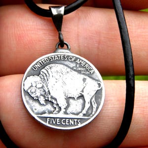 Authentic 1936 Buffalo Indian Nickel coin pendant necklace surfer style handmade genuine leather  chain chain