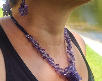 Conjunto de collar y pendientes de amatista hechos a mano - Hecho en EE. UU.