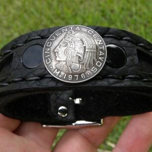 Handmade Bison Leather Cuff Bracelet: Authentic Mexican Coin, Adjustable