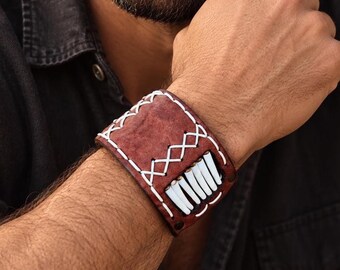 Genuine Men's Buffalo Leather Cuff Bracelet: Shaman Style Dentalium Shell Wristband (7 inch)