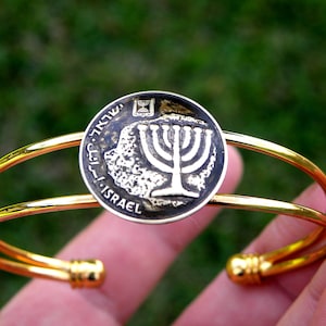 Vintage Israel Coin Cuff Bracelet: Gold Plated Menorah Jewelry