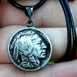 Authentic 1928 Buffalo Indian Nickel coin pendant with sterling silver jump rings bail necklace surfer style handmade leather chain