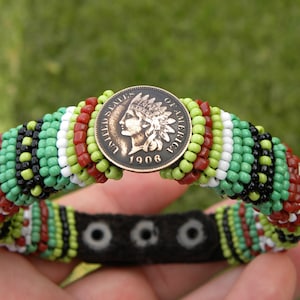 Bracelet cuff  authentic 1906 full liberty  Indian Head penny coin glass beads multi color   Bison leather for 7.5 inches wrist size