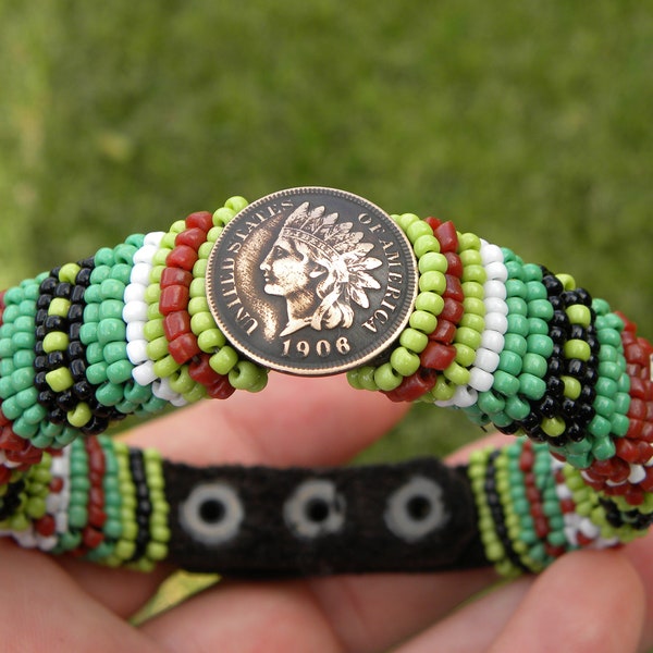 Bracelet manchette authentique 1906 pleine liberté Indian Head penny pièces de verre perles de verre multicolore bison cuir pour 7,5 pouces taille du poignet