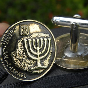 Jewish cuff links Authentic Israel coin  Agorot  come from Holy Land Jerusalem  Menorah nice gift for Hanukkah  Bar Bat Mitzvah