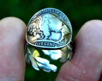 Buffalo Nickel Coin Ring: Adjustable Sterling Silver Feather Band