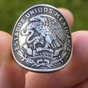 Sterling Silver Mexican Coin Ring: Eagle and Snake Signet