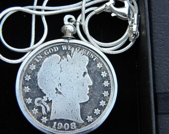 Vintage Barber Half Dollar Coin Necklace: Sterling Silver Chain