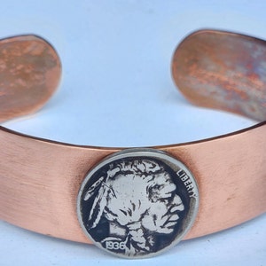 Pure copper men bracelet authentic 1936 Buffalo Indian Nickel  coin adjustable