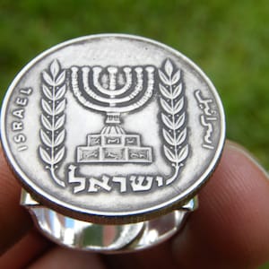 Vintage Menorah Israel Coin Ring: Handmade Silver Plated Signet