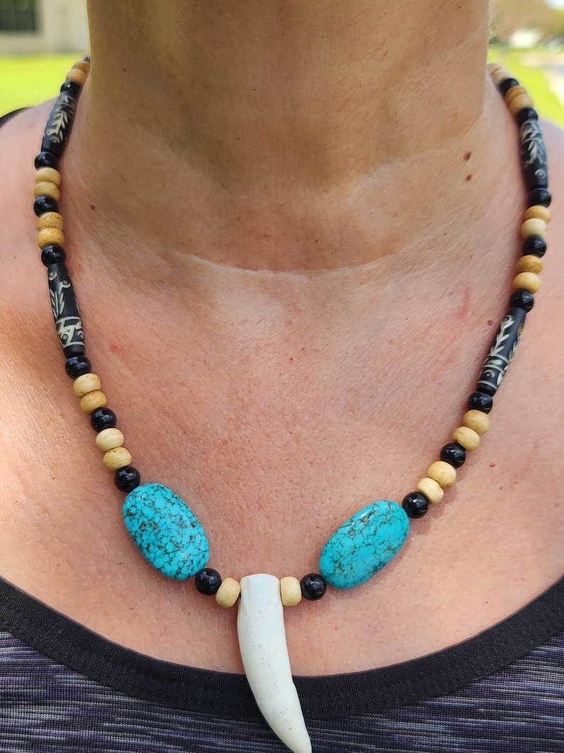 Krigare Shaman-stil tänder äkta alligatortänder turkos halsband choker bild 1