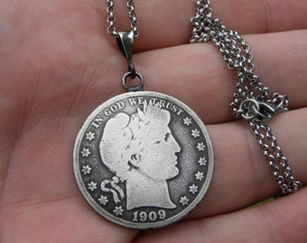 1909 authentic silver Barber Half dollar  coin necklace nice gift