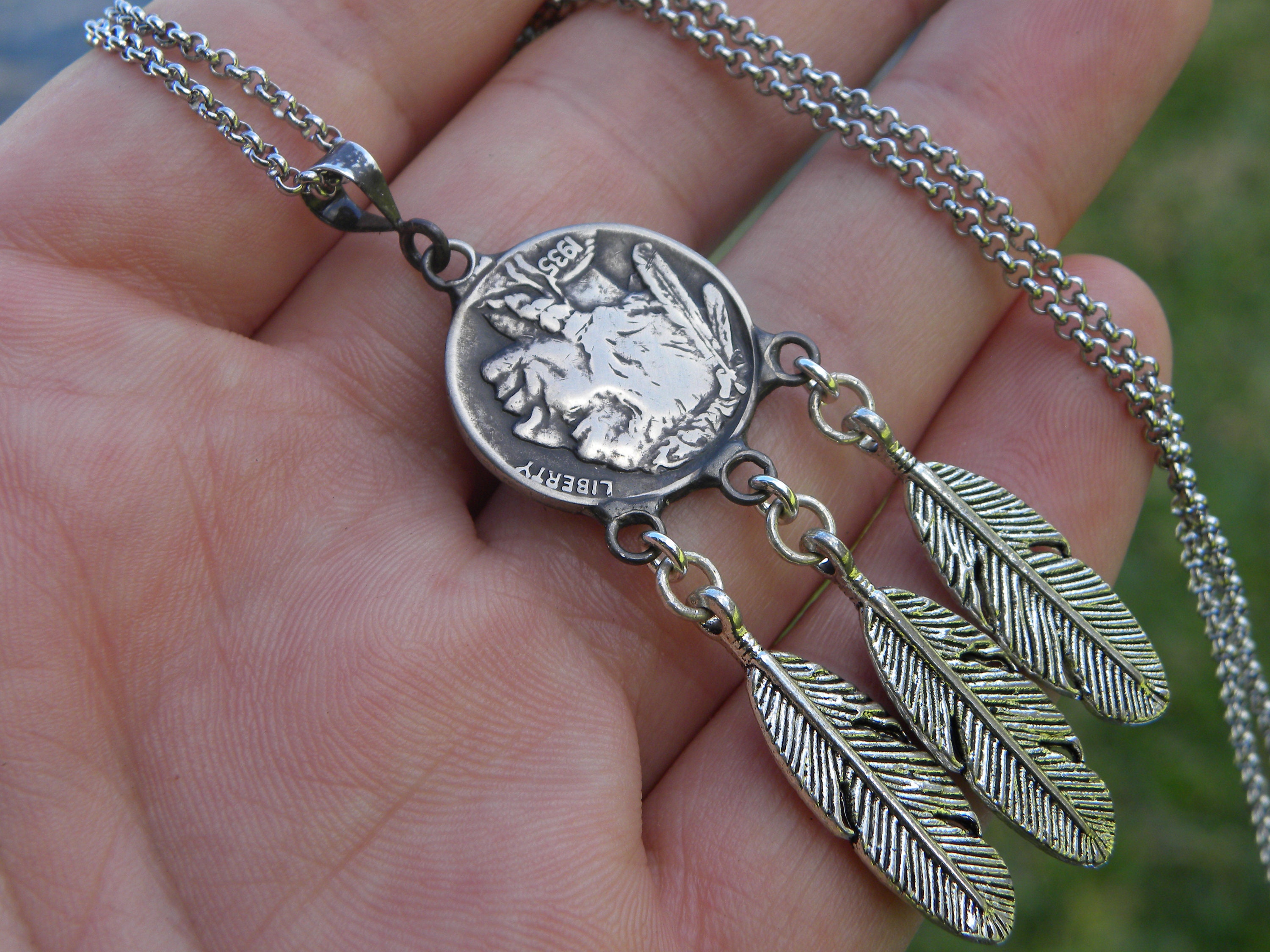 1935 Buffalo Nickel Coin Necklace: Indian Head, Feather Pendant