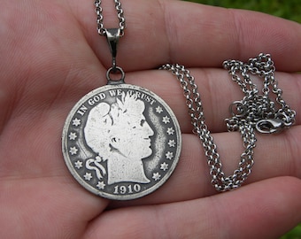 Vintage  1910 authentic silver Barber Half dollar  coin necklace nice gift