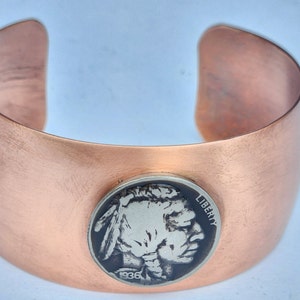 Pure copper women bracelet authentic 1936 Buffalo Indian Nickel  coin adjustable