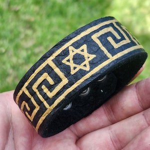 Black and gold color Star of David hand painted on Buffalo Bison leather bracelet art handcrafted customize to wrist size.