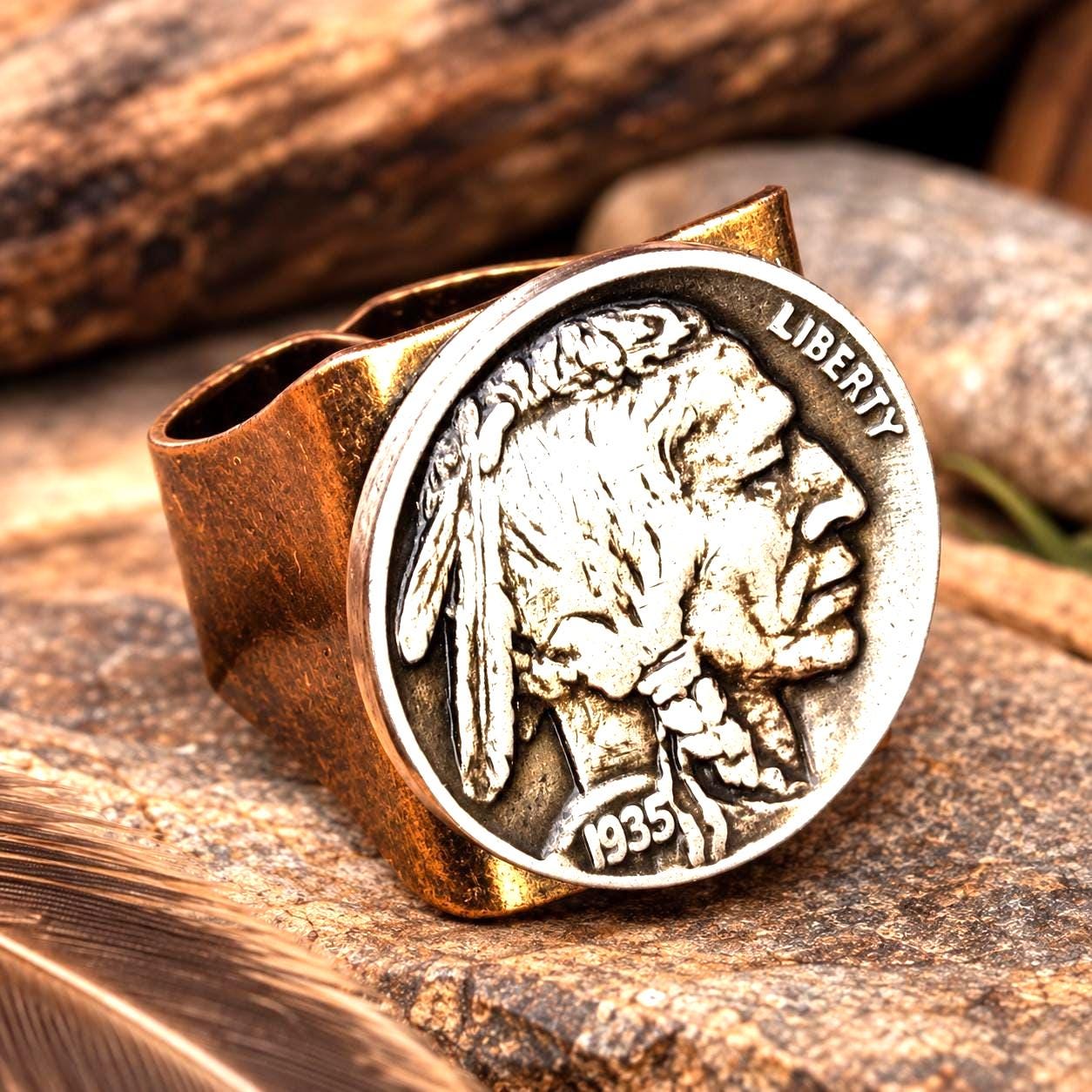 Real Buffalo Nickel Coin Ring, Adjustable Brass Signet Ring, Indian Head Coin Jewelry for Men