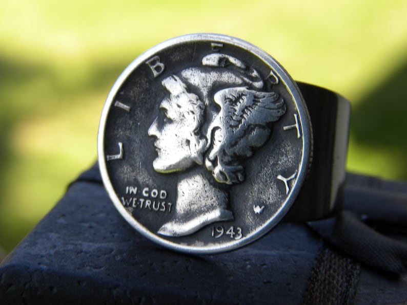 Ring Mercury dime coin various date sterling silver feather adjustable nice gift