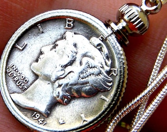 Vintage silverhalsband med kvicksilvermynt och hänge - Försilvrad kedja