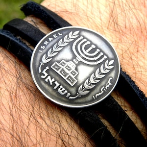 Men&#39;s Buffalo Leather Cuff Bracelet: Israel Menorah Coin, Jewish Gift
