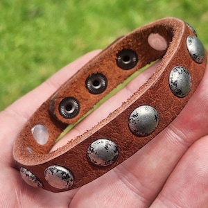 Handcrafted Brown Bison Leather Cuff Bracelet: Rustic Rivet Design