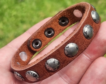 Handcrafted Brown Bison Leather Cuff Bracelet: Rustic Rivet Design