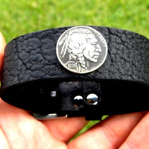 Vintage Buffalo Indian Nickel coin cuff Buffalo Bison leather Bracelet 1 inch wide  wristband adjustable size wrist nice for gift for biker