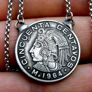 Aztec Warrior Coin Necklace: Vintage Mexican Cincuenta Centavos, Sterling Silver