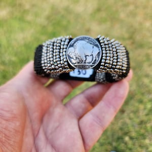 Cuff bracelet 1936 authentic Buffalo Indian Nickel coin Bison leather glass bead for 6.5 inches to 6 3/4 inches wrist size made in USA