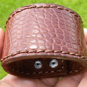Handmade Chocolate Brown Alligator Bison Leather Cuff - 7 inch Wrist