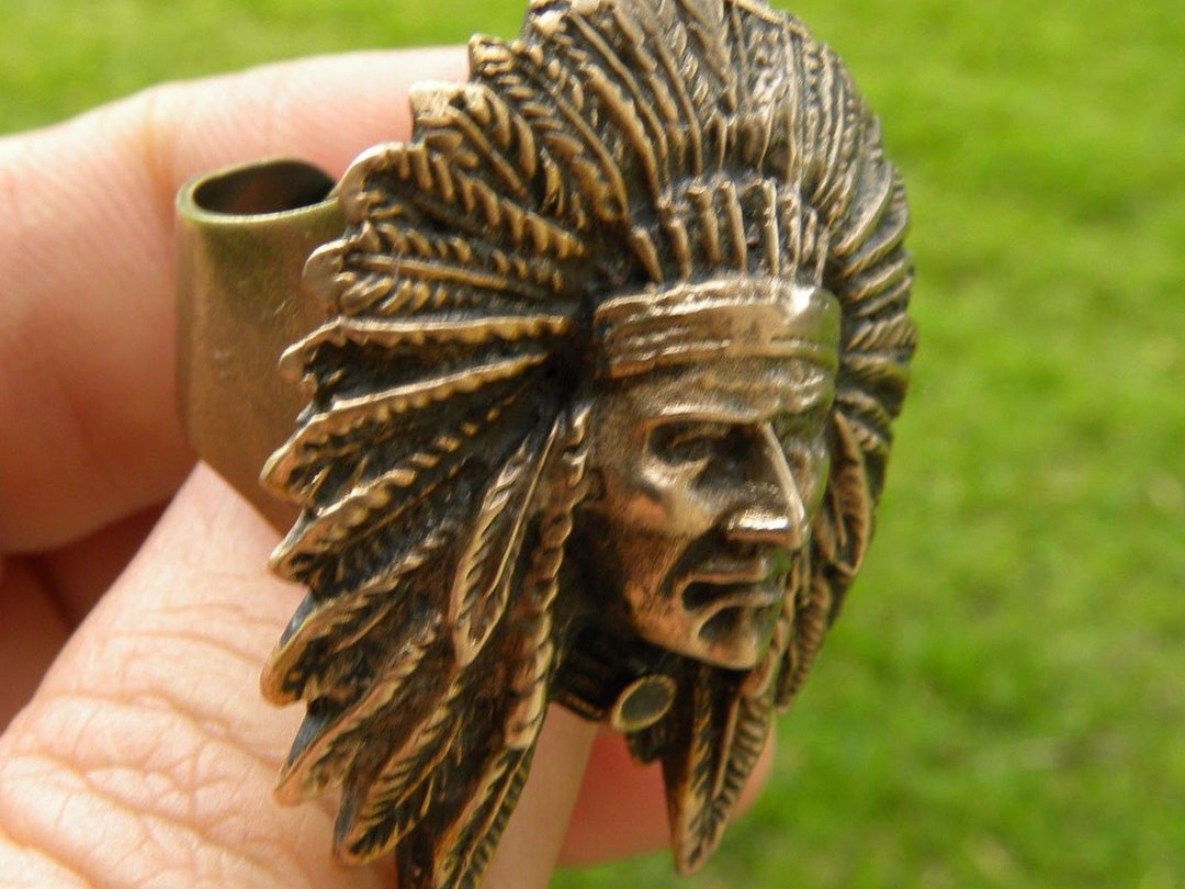 Adjustable Men Brass Signet Ring Native Indian Chief Head Pendant Nice ...