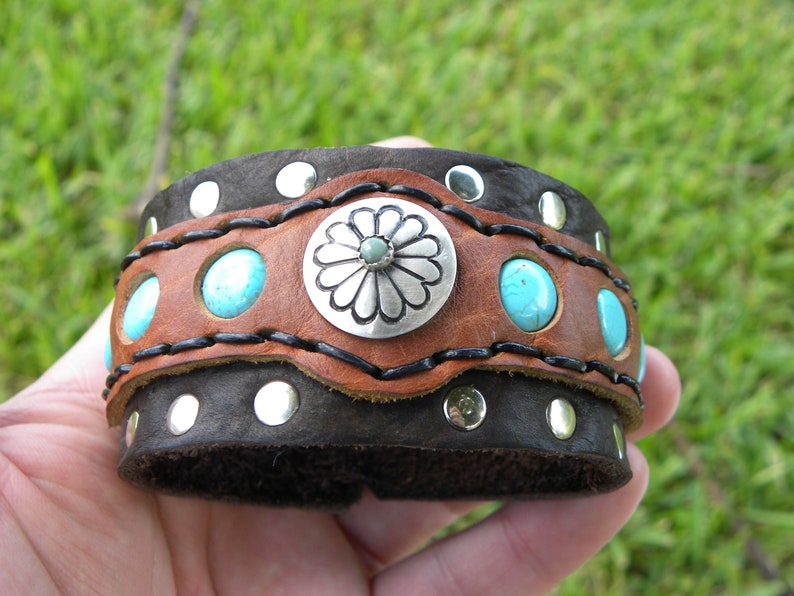 Adjustable handcrafted bracelet  vintage  sterling silver turquoise  button  Buffalo Bison leather  turquoise gemstone  nice gift