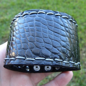 Handmade Black Alligator & Bison Leather Cuff Bracelet - Custom Size