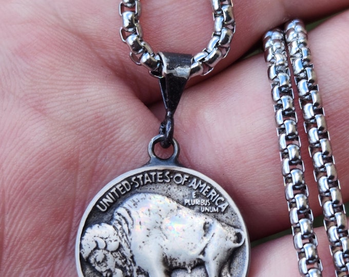 Featured listing image: Authentic Buffalo Indian Nickel coin FULL HORN pendant men necklace 925 sterling silver bail  stainless steel chain 3 mm box chain nice gift