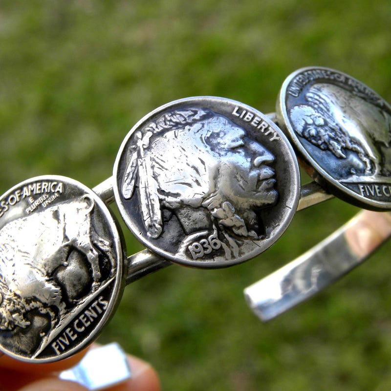 Vintage Buffalo Nickel Cut Coin Artistic Drop Earrings – Handmade USA, Nickel, Hook Fastening