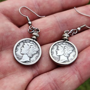 Mercury Dime Coin Earrings: Vintage Silver Dangle Drop - Choose Your Year