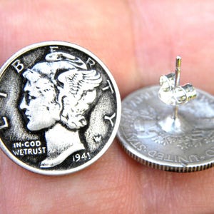 Pendientes de botón con moneda de diez centavos de mercurio: Auténticas monedas de plata, poste de plata esterlina.