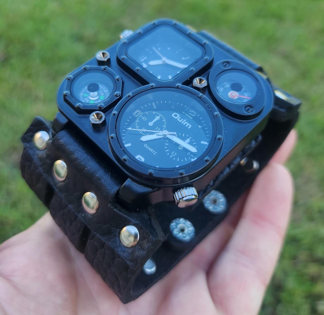 Handgefertigte Büffelleder Dual Time Uhr: Steampunk Biker Armband